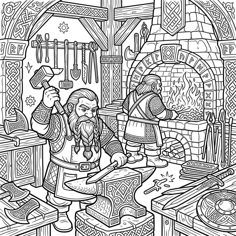 Step into a bustling fantasy forge with this detailed adult coloring page. Two diligent dwarf blacksmiths are hard at work, crafting magnificent items amidst ornate dwarven architecture, perfect for hours of relaxing artistic engagement.