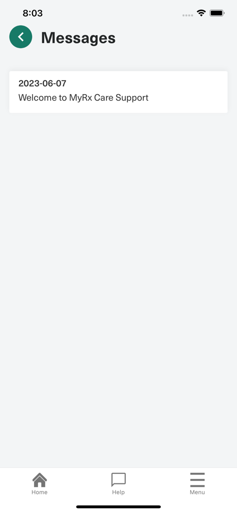MyRx Care Support - Interface of the MyRx Care Support app showing a welcome message in the messages section