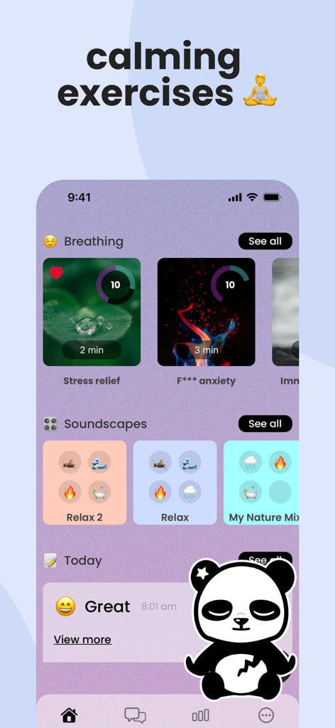 Earkick app interface featuring calming breathing exercises and soundscapes with a panda mascot.