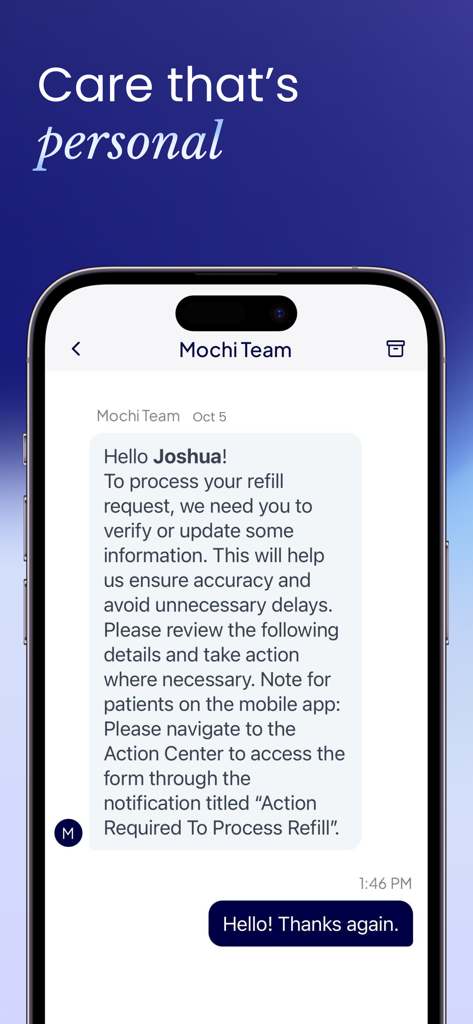 Mochi Health: Weight Loss Care - Mochi Health App sicherer Chat mit dem medizinischen Team für Rezeptnachfüllungen
