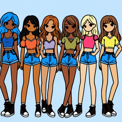 a group of girls wearing crop tops and shorts