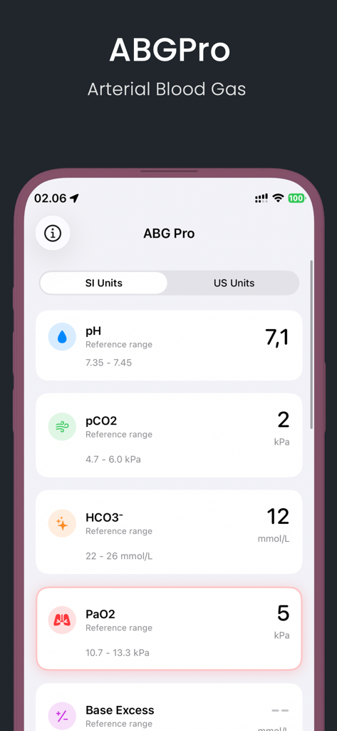 ABG Pro Acid Base Calculator - ABG Pro app interface displaying arterial blood gas values and reference ranges for clinical interpretation