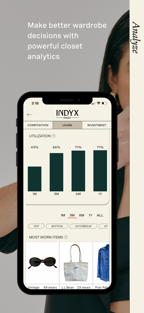 Pantalla de la aplicación Indyx mostrando gráficos de barras de utilización del guardarropa y los artículos más usados con recuentos de uso