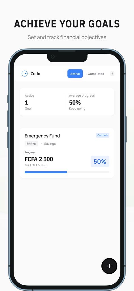Zodo - Interfaz de la aplicación Zodo que muestra un progreso del 50 por ciento en un objetivo financiero de fondo de emergencia