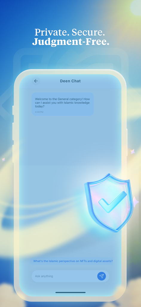 Deen Chat app screen showing a secure and judgment-free AI chat interface for Islamic questions.