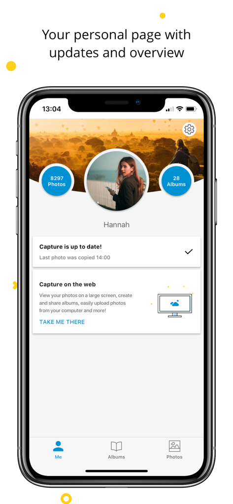 Capture App - Photo Storage - Capture App personal profile screen showing photo and album counts with backup status updates.
