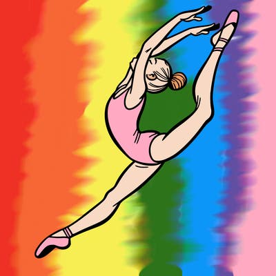 gymnast doing a leap in a leotard with a bent back leg