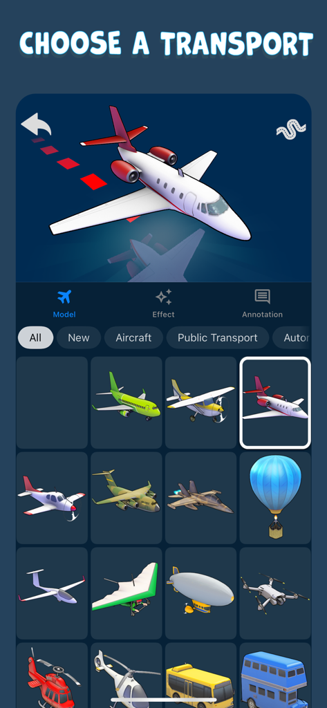 Interface of the TravelBoast app showing various transport options like airplanes and helicopters for animated journey maps
