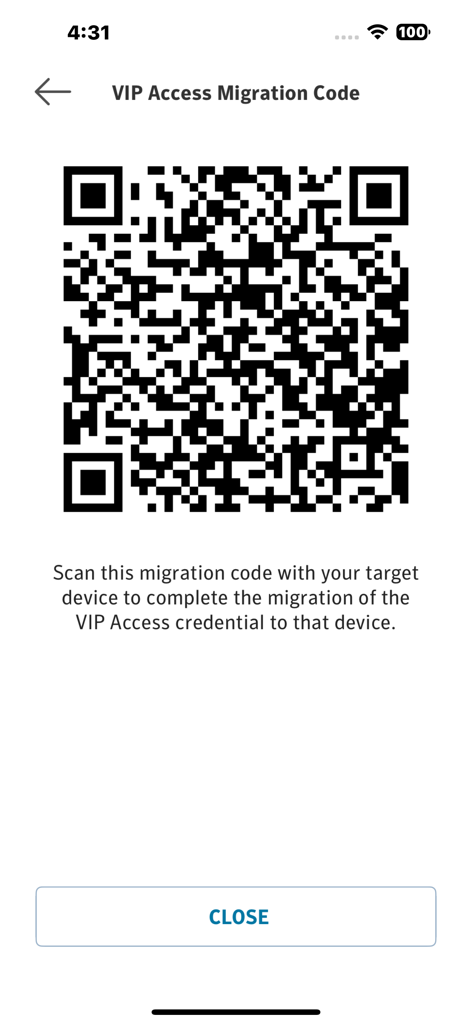 VIP Access migration QR code screen for transferring credentials to a new device