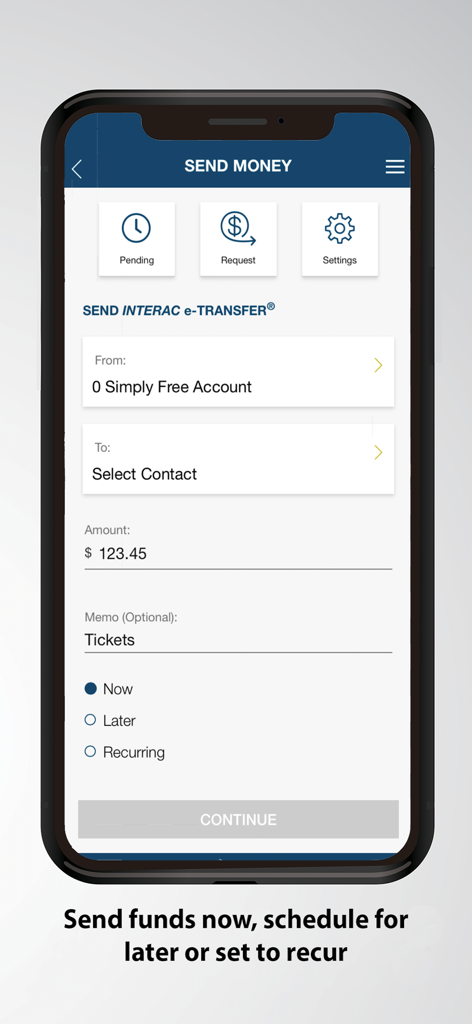 アイランド・セービングス モバイルバンキングアプリの、Interac e-Transfer送信画面。定期支払いまたは予約済みの支払いオプションがあります。