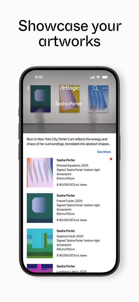 Smartphone screen displaying the Artlogic app with a list of artworks including prices and descriptions for an artist portfolio