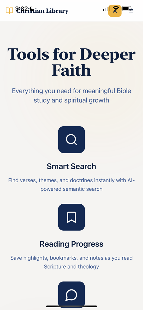 Christian Book Library - A screenshot of the Christian Book Library app highlighting smart search and reading progress features.