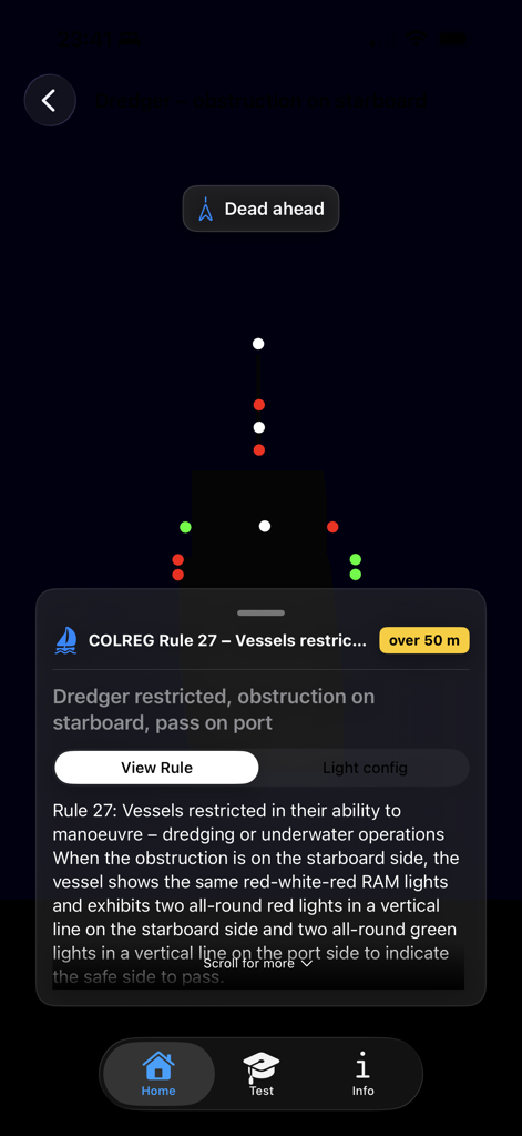 Maritime Master - Nav Lights - Visualización 3D de luces de navegación para una embarcación dragadora según la Regla COLREG 27 en la aplicación Maritime Master.