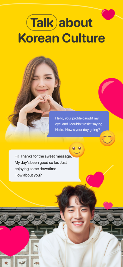 K-Dating: Korean Dating & Chat - Promotional screen for K-Dating app featuring a young man and woman with chat bubbles and the headline Talk about Korean Culture