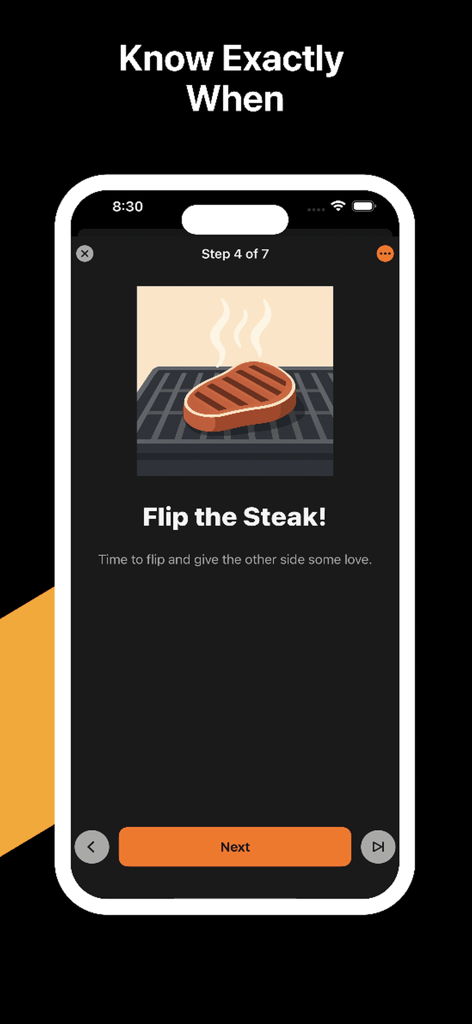 High-Steaks - Una schermata mobile dall'app High-Steaks che mostra il quarto passo di un processo di cottura guidato con l'istruzione di girare la bistecca sulla griglia.