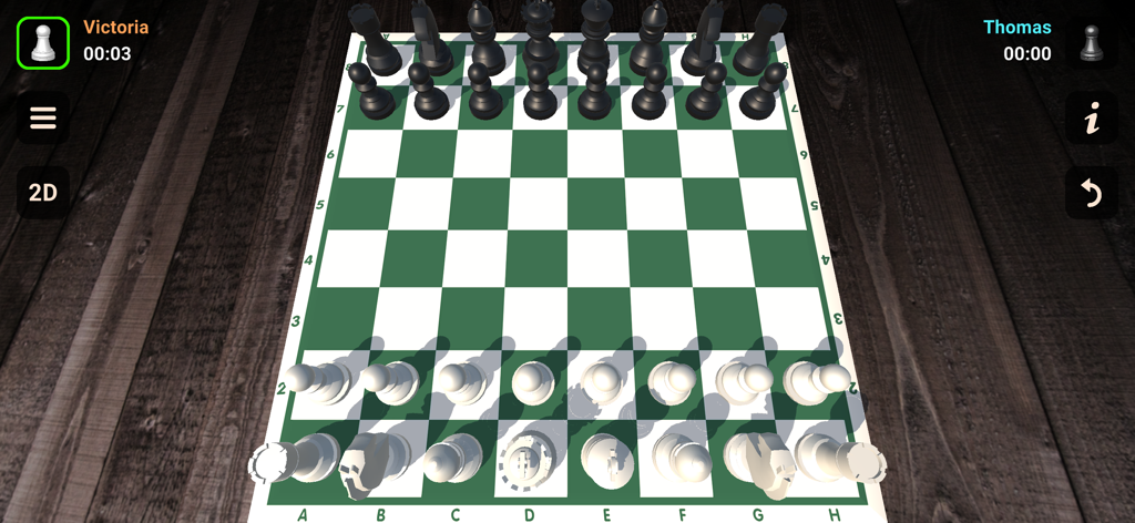 Chess - Two players - A 3D view of a classic chess board during a two player match on a wooden background