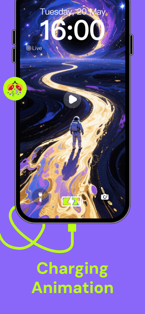 iPhone lock screen displaying a cosmic astronaut live wallpaper and charging animation from the PicMi app