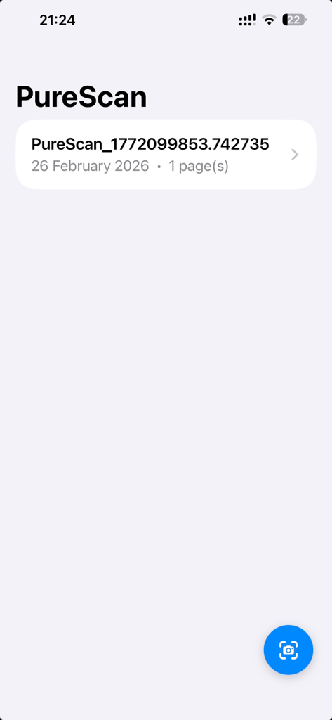 PureScan: Document Scanner - Interfaccia minimalista dell'elenco documenti dell'app scanner PureScan