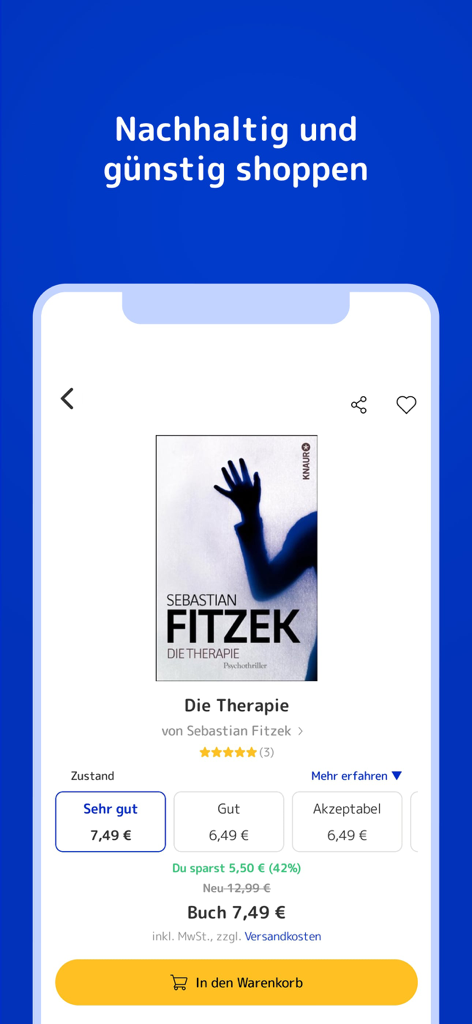 Medimops app interface showing a product page for a used book with quality grades and discounted pricing