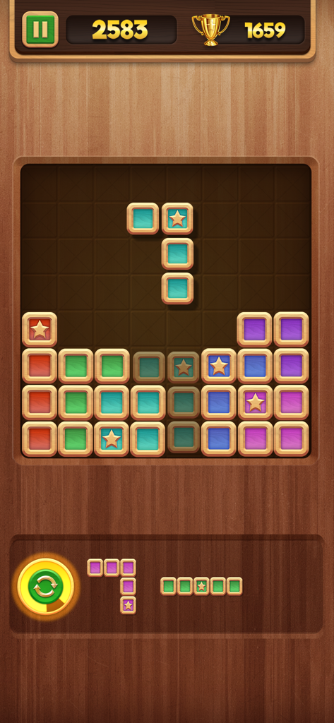 Jugabilidad de Block Puzzle Star Finder mostrando bloques de madera y fichas de estrellas en una cuadrícula