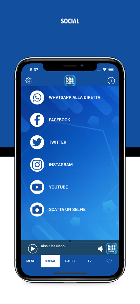 Radio Kiss Kiss Napoli app social media links interface showing Whatsapp Facebook Twitter and Instagram options