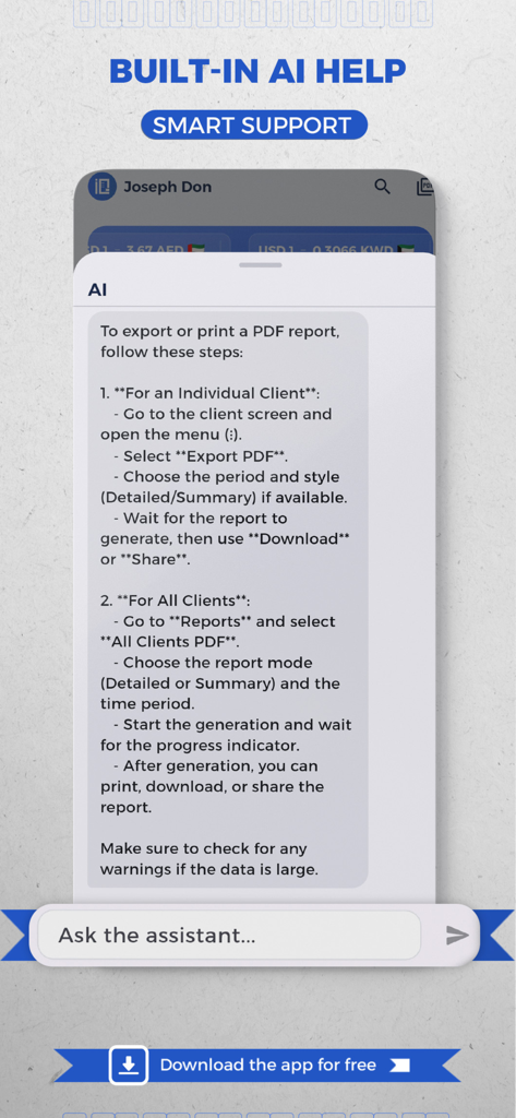 CountiQ Finance - Interface de l'application CountiQ Finance montrant un assistant IA intégré fournissant des instructions étape par étape pour exporter des rapports PDF.