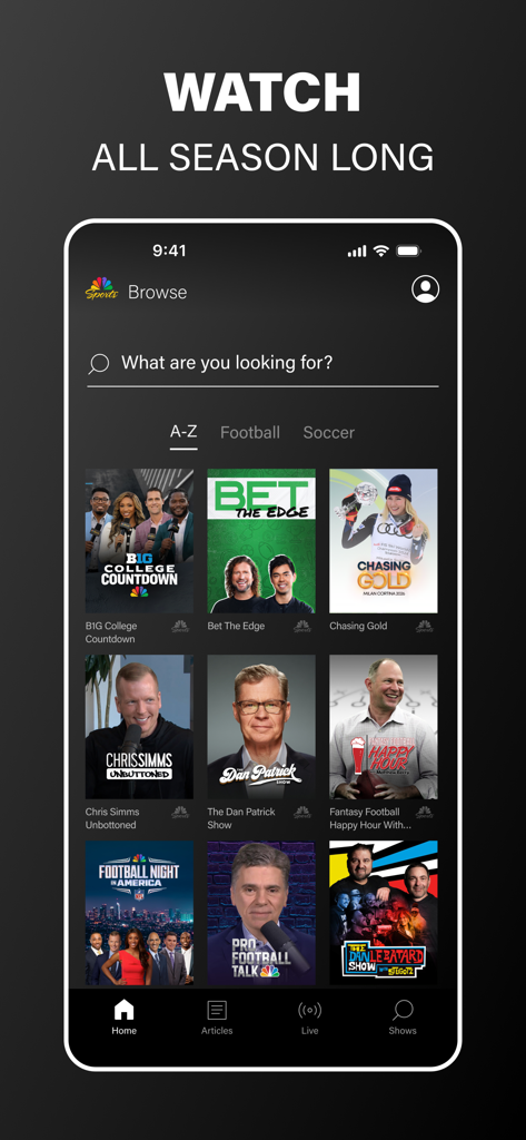 NBC Sports app browse screen showing a selection of sports talk shows and analysis programs like Football Night in America and The Dan Patrick Show