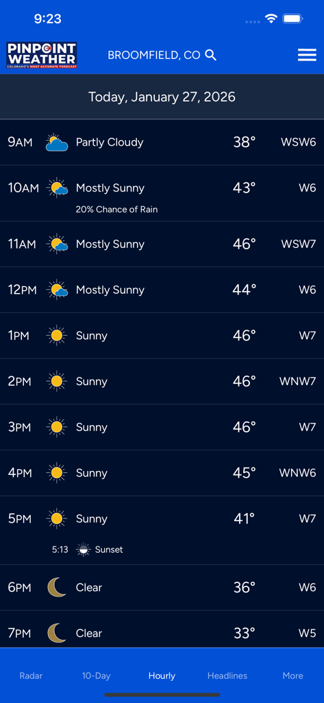 Pinpoint Weather app hourly forecast for Broomfield Colorado showing temperatures and weather conditions