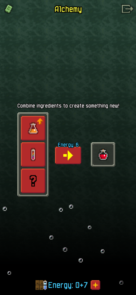 Interface de alquimia em Shattered Pixel Dungeon mostrando o processo de combinação de ingredientes em uma poção.