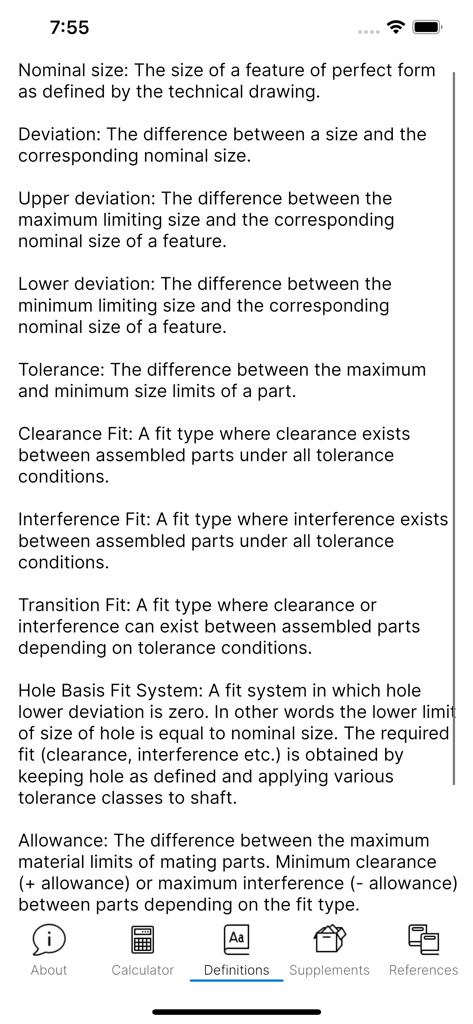 Glossary of mechanical engineering terms like nominal size and tolerance within the Fit Tolerance ISO app