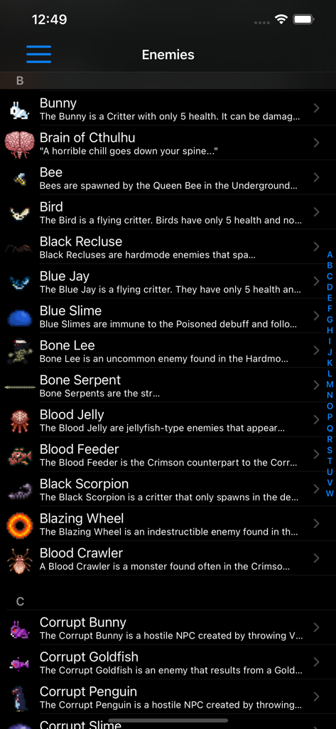 Liste alphabétique des ennemis dans l'application compagnon Helper pour Terraria