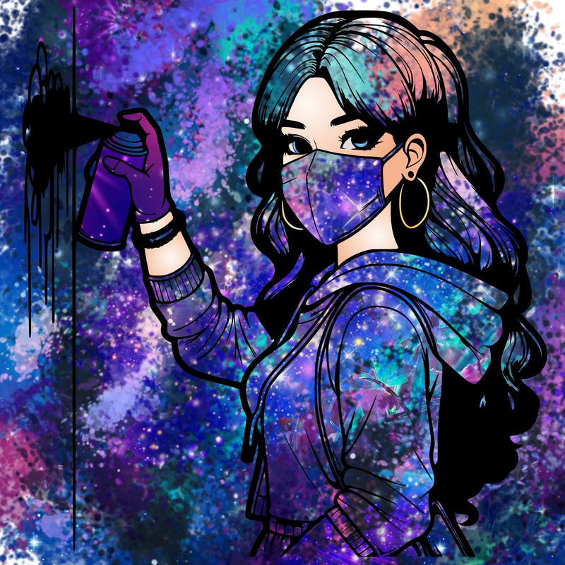 realistic girl with mask spray painting a wall