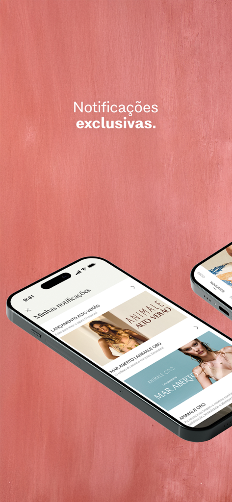 Animale - Moda Feminina - iPhone mostrando notificações exclusivas no aplicativo de moda Animale com prévias da coleção de verão