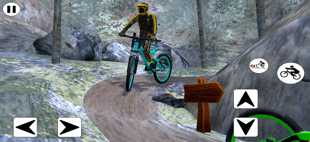 BMX Cycle Extreme Bicycle Game - A mountain biker riding a teal BMX cycle on an off-road trail