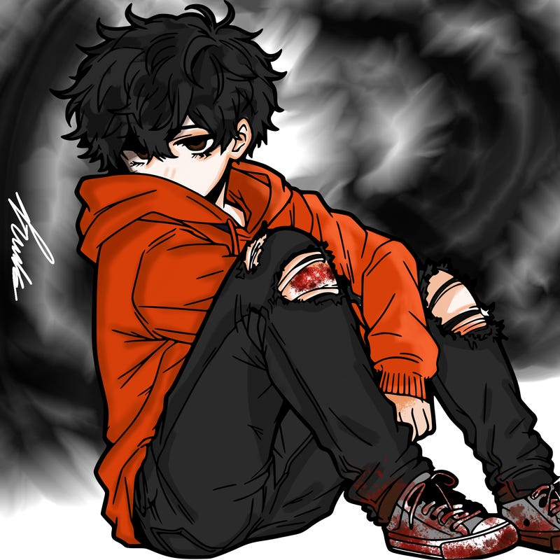 a male hoddie ripped jeans messy hair anime