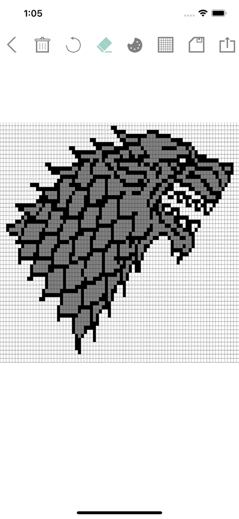 Pixel Art - draw with dots - Eine Pixel-Art-Zeichnung eines grauen Wolfskopfes auf einer Raster-Leinwand in einer mobilen App