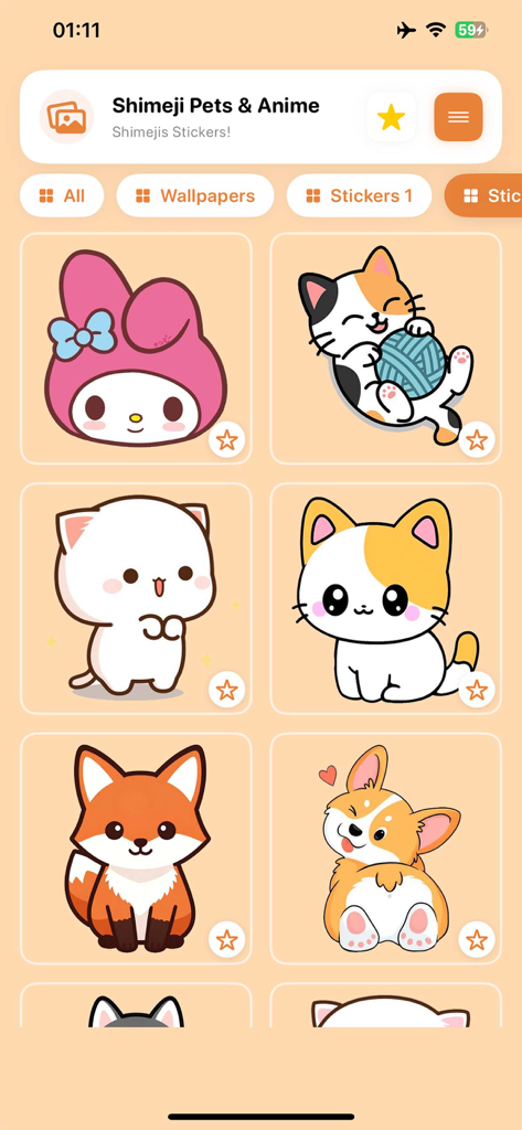 Shimeji Pets on Screen Kawaii - Una galería de pegatinas de animales kawaii lindos en la aplicación Shimeji Pets que incluye gatos, un zorro y un corgi
