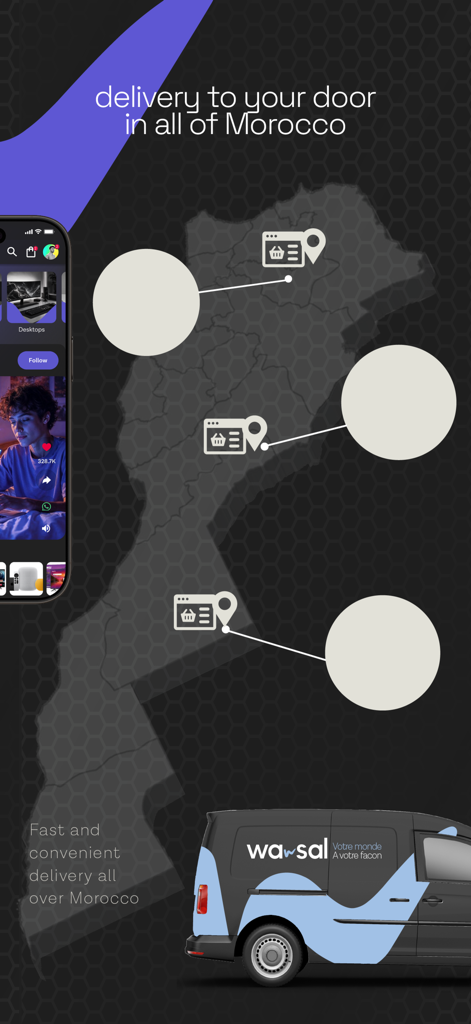 Map of Morocco showing delivery coverage for the WASAL social shopping app with a branded van