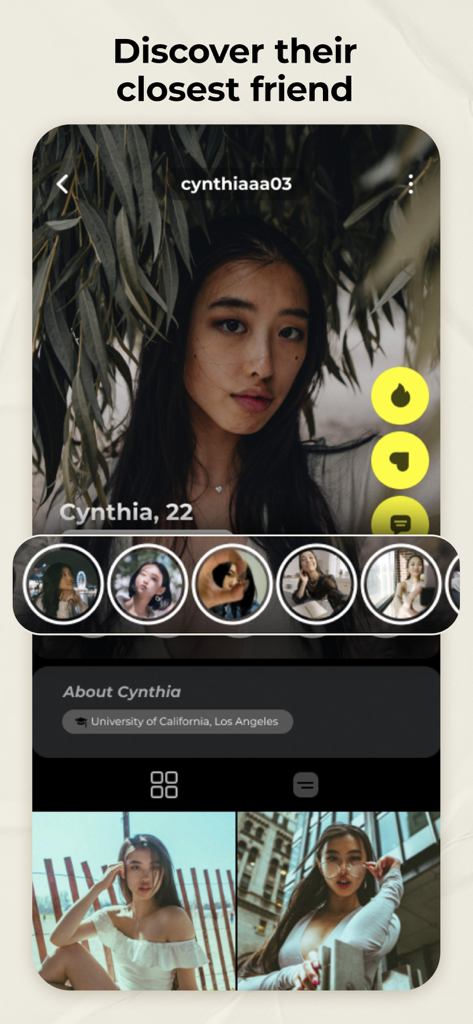 fridaysocialapp - Interface of the Fridaysocialapp showing a user profile for Cynthia from UCLA with social vetting circles