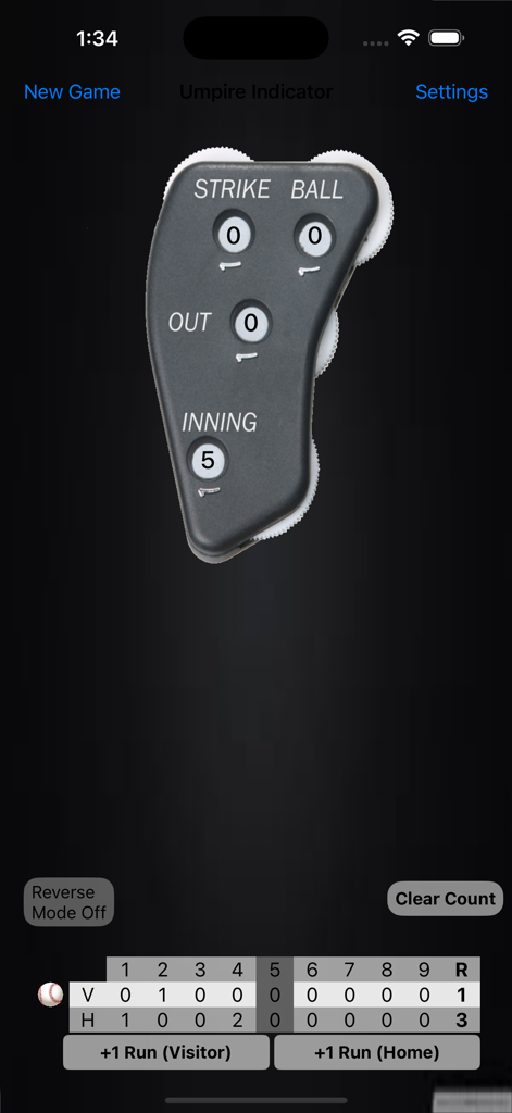 Umpire Indicator Pro app interface displaying ball strike out and inning counters and game scoreboard