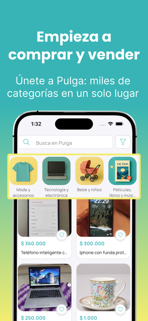 Pulga: compra y vende usados - Mobile interface of the Pulga app showing shopping categories and used product listings for buying and selling