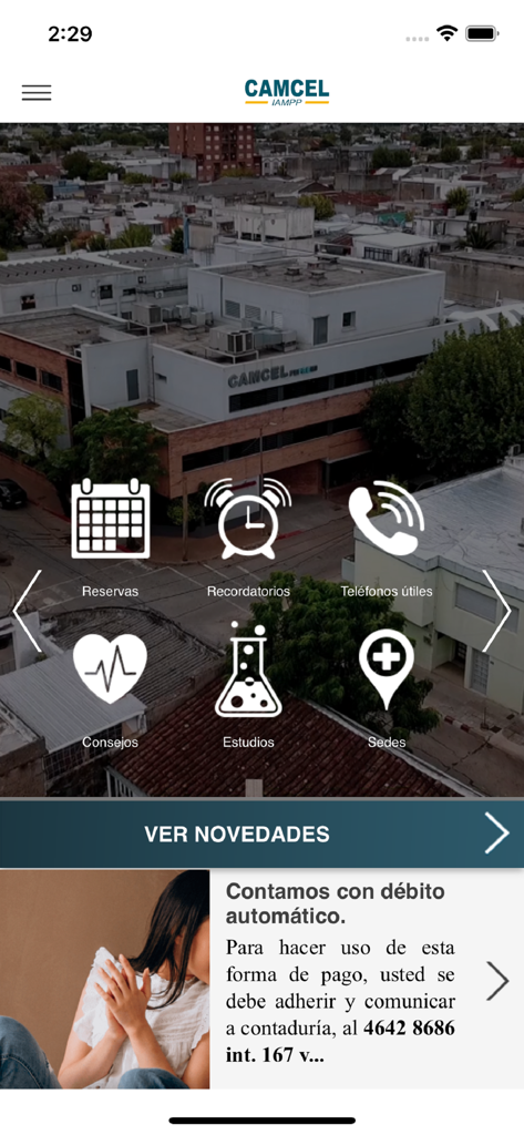 CAMCEL - Ecrã principal da app de saúde CAMCEL mostrando um menu com ícones para consultas médicas, lembretes e resultados de exames.