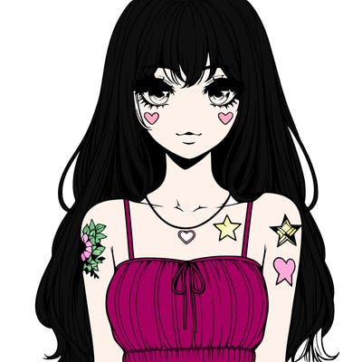 realistic anime girl with long hair star heart tattoos with a simple fabric dress with full lips