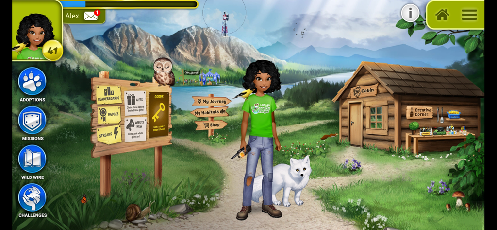 Earth Rangers - A screenshot of the Earth Rangers app featuring a custom avatar and a white wolf companion in a scenic mountain habitat.