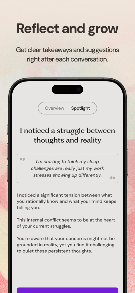 Ash AI app screen highlighting personal growth insights and reflection based on user conversation