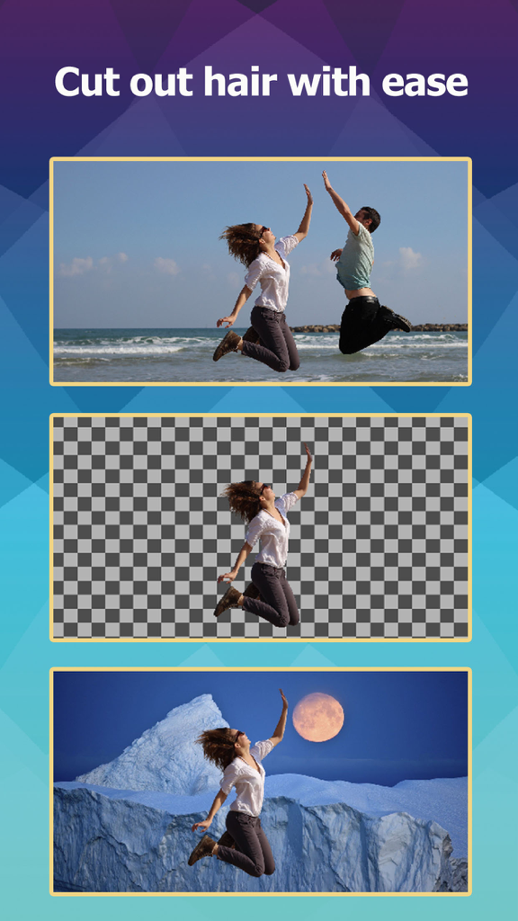 Aftercut - Step by step demonstration of cutting out curly hair and changing a photo background using the Aftercut app