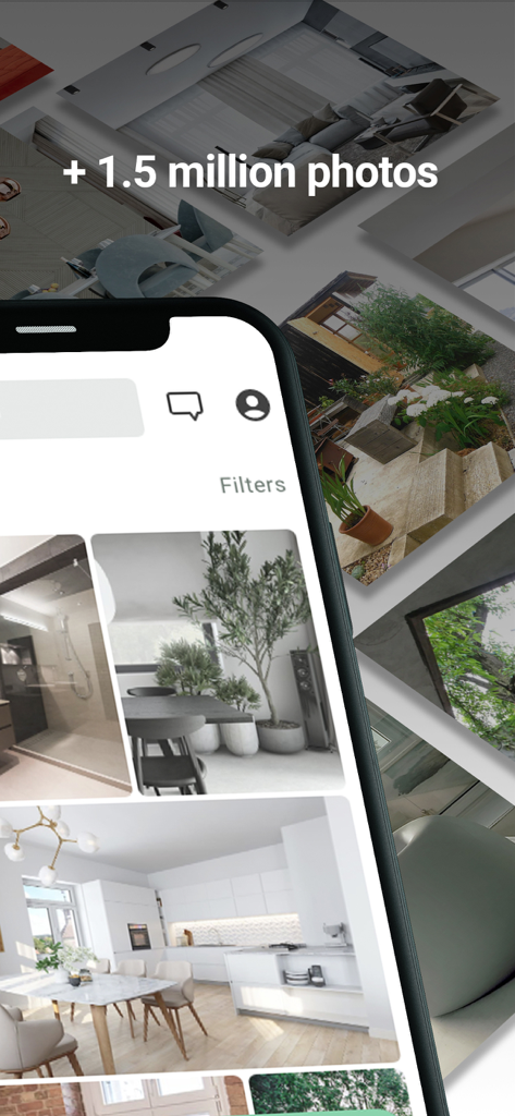 Interfaccia dell'app mobile di homify che mostra una galleria di foto di design d'interni e architettura per la pianificazione di progetti domestici.