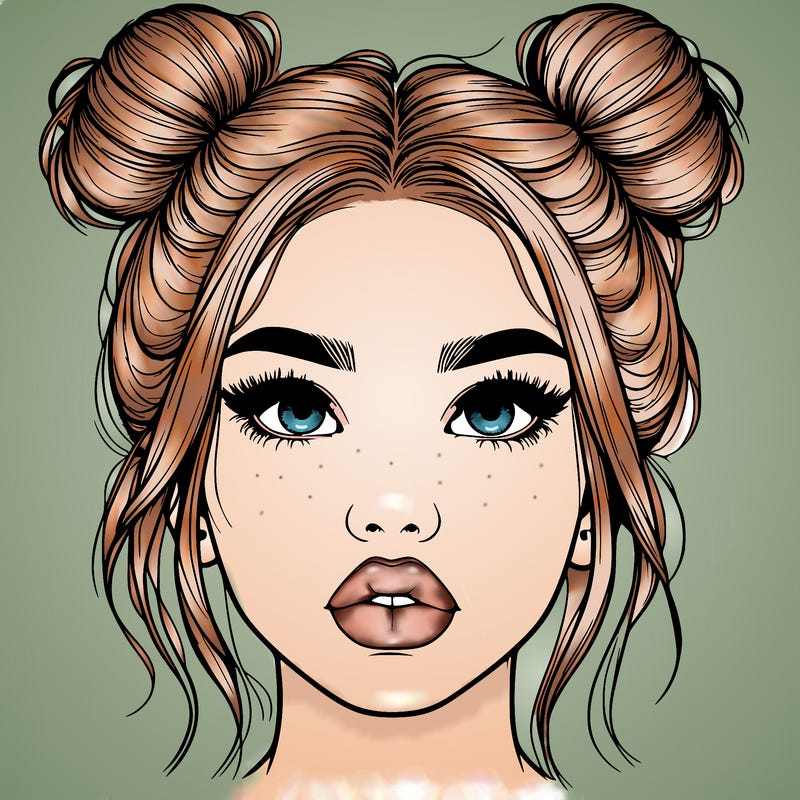 realistic girl with two buns on her hair and lips