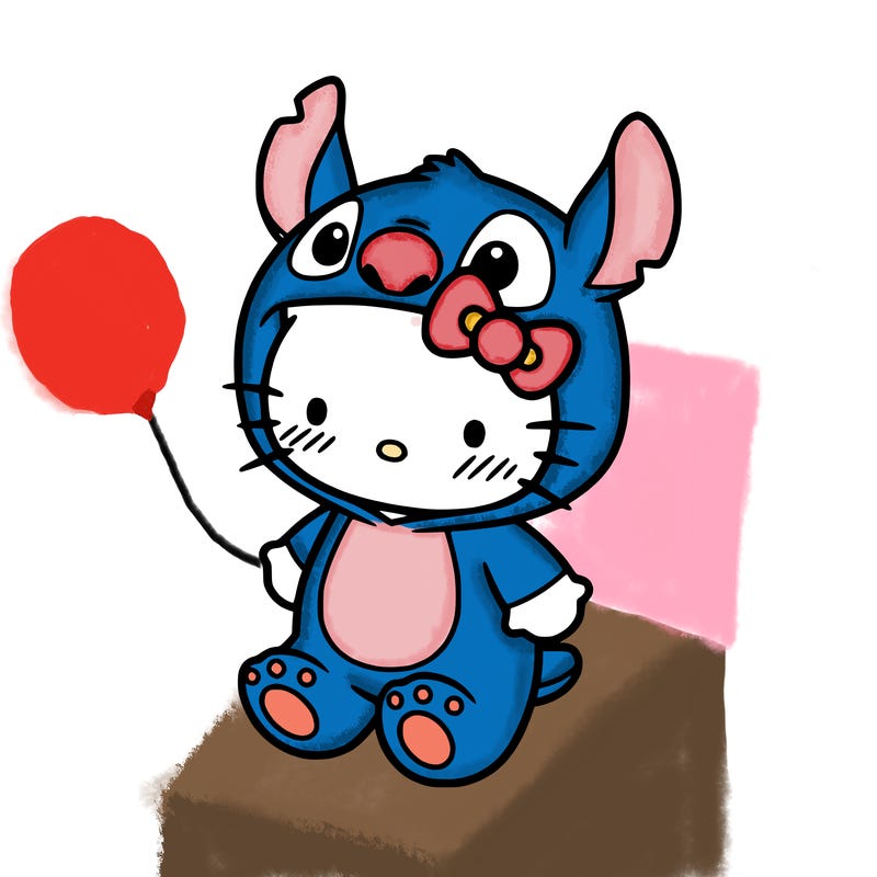 little cute hello kitty, blushing with little stitch costume