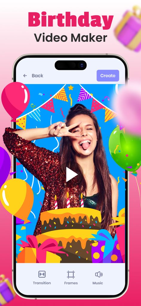 Video Maker Birthday Slideshow - 誕生日ケーキ、風船、トランジションフレームや音楽などの編集ツールを備えたお祭りの写真を表示する誕生日ビデオメーカーアプリのインターフェース。